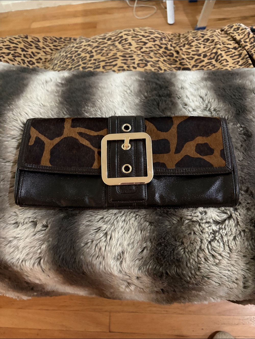 Ann Taylor Brown Leather & Haircalf Animal Print Buckle Clutch